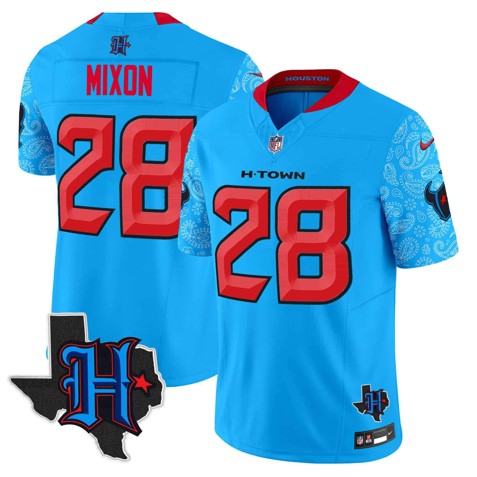 Men Houston Texans 28 Mixon Light Blue 2024 Nike Texas Patch Vapor Limited NFL Jersey